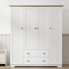 Freestanding 4 - Door Wardrobe Armoire with 2 Drawers and Hanging Rods for Clothes Storage