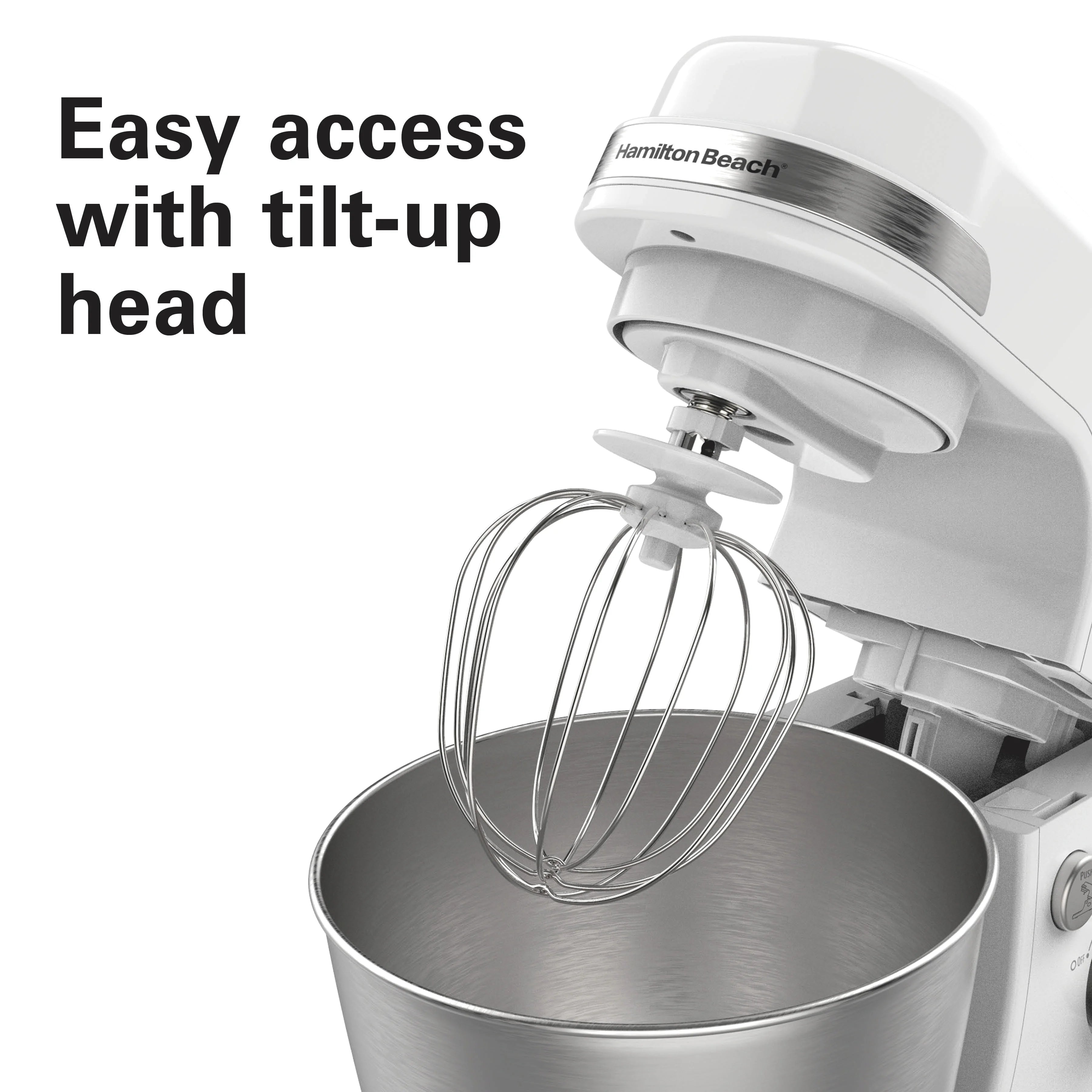 Hamilton Beach 4 Quart Stand Mixer for Kitchen, 7 Speeds, Tilt - Head, Dough Hook, Whisk & Flat Beater, White