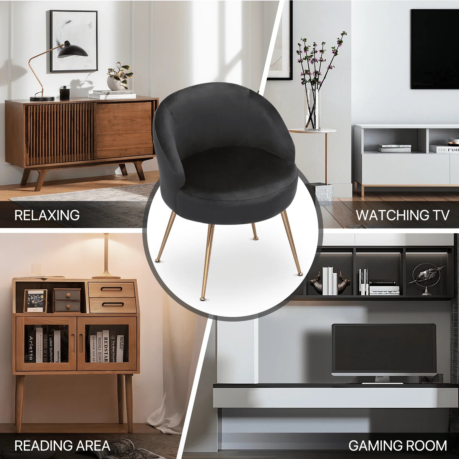 Monibloom Velvet Accent Chair, Modern Upholstered Single Sofa Side Chair, Comfy Barrel Club Living Room Armchair with Golden Metal Legs for Bedroom Reading Room Office, Black