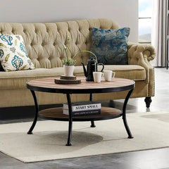 Myhozm Industrial Round Metal Coffee Table with Shelf – Perfect for Living Room, Home Office, and Bedroom