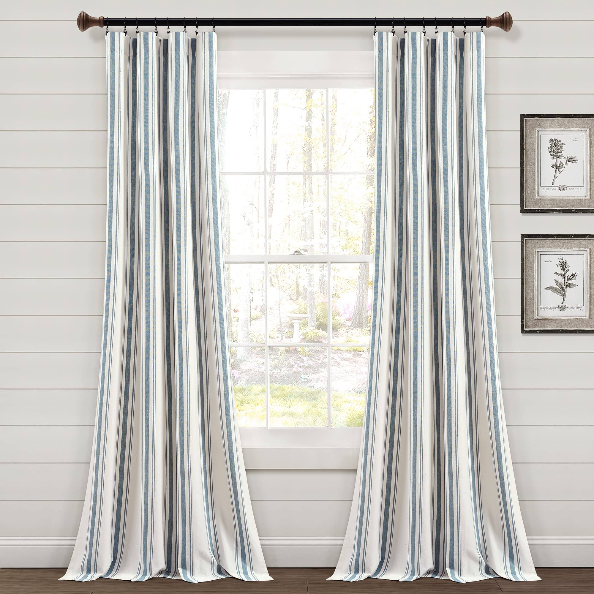 Lush Decor Farmhouse Stripe Yarn Dyed Cotton Window Curtain Panel Pair - 84" x 42" - Blue