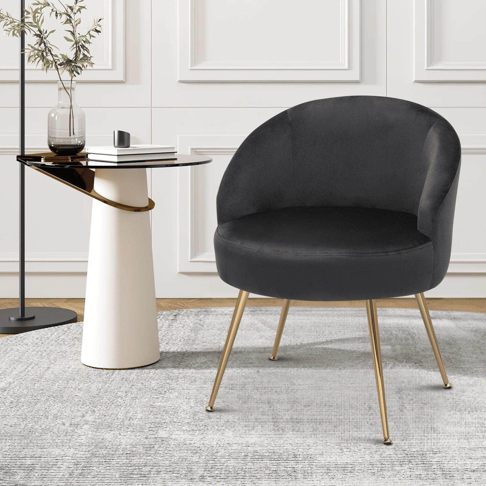 Monibloom Velvet Accent Chair, Modern Upholstered Single Sofa Side Chair, Comfy Barrel Club Living Room Armchair with Golden Metal Legs for Bedroom Reading Room Office, Black