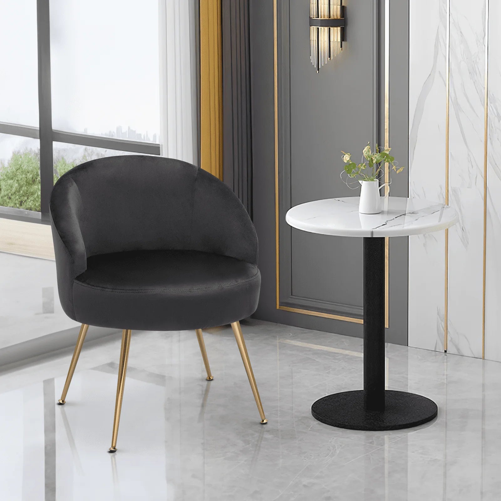 Monibloom Velvet Accent Chair, Modern Upholstered Single Sofa Side Chair, Comfy Barrel Club Living Room Armchair with Golden Metal Legs for Bedroom Reading Room Office, Black