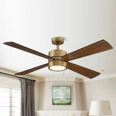 52" Wooden 4 - Blade Brushed Brass LED Ceiling Fan with Remote - Walnut
