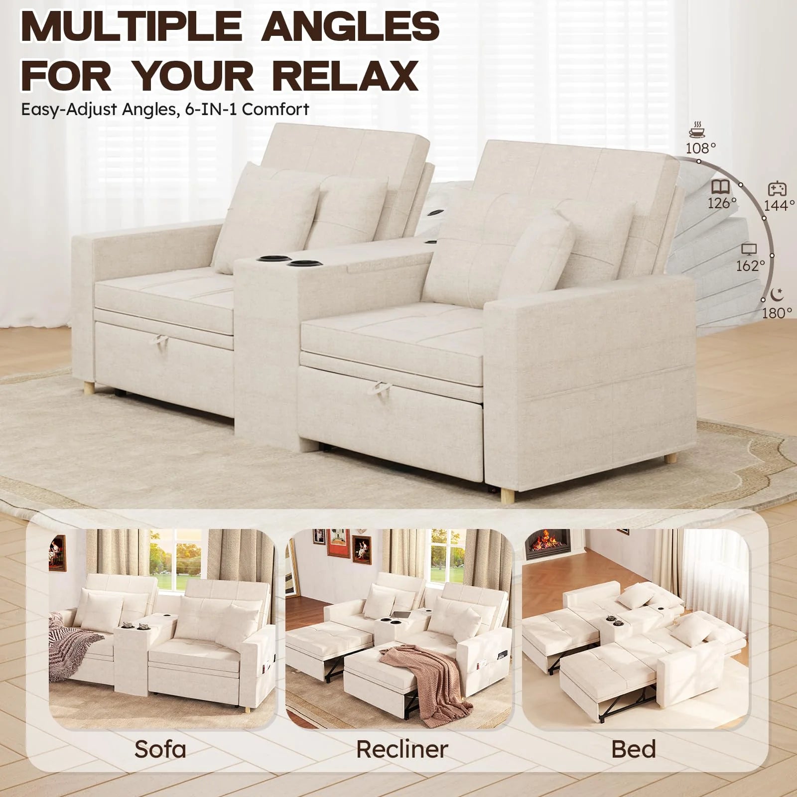 AECOJOY 75" Sleeper Chair, 3 in 1 Convertible Sleeper Sofa Bed, 2-Seater Pull Out Couch Bed