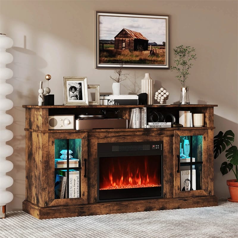 58" Electric Fireplace TV Stand for 65" TVs, Entertainment Center with 28" Fireplace Heater Insert, LED Lights, Remote Control & Storage